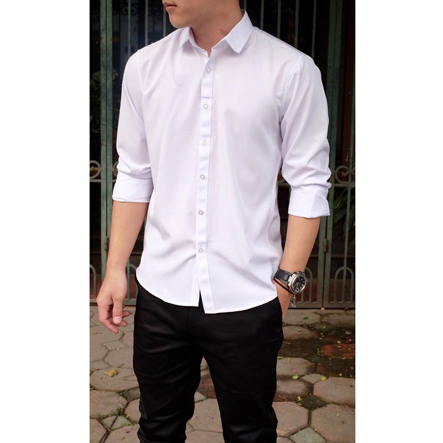 Áo Sơ Mi Nam Dài Tay Trắng Trơn Kiểu Dáng Cổ Bẻ Phong Cách Chất Vải Mềm Mịn Chống Nhăn Trẻ Trung
