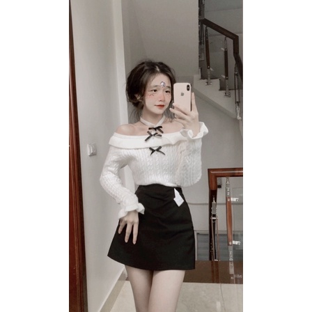 Áo len trễ vai phối chokco