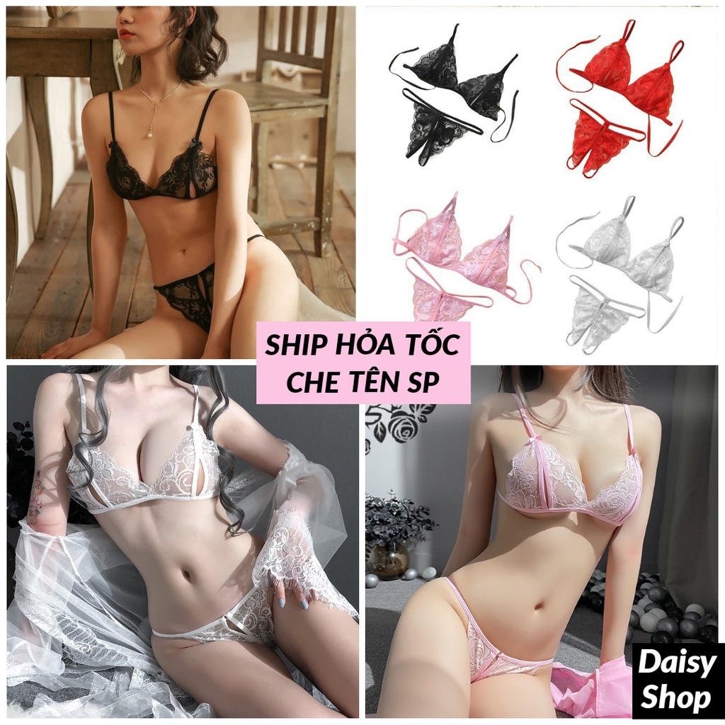 Bộ đồ lót sexy ngủ mặc nhà - set nội y lọt khe hở đáy ren lưới gợi cảm