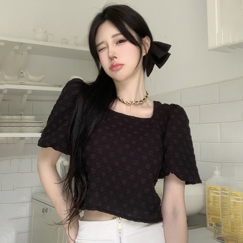 Áo Sơ Mi Crop Top Cổ Vuông Tay Ngắn Màu Trơn Phối Nơ Phong Cách Hàn Quốc Thời Trang Cho Nữ