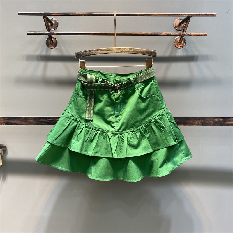 Jiashucheng Chân Váy Chữ a Lưng Cao Nhún Bèo Màu Xanh Lá Phong Cách Hàn Quốc Thời Trang Xuân Hè Dành Cho Bạn Nữ