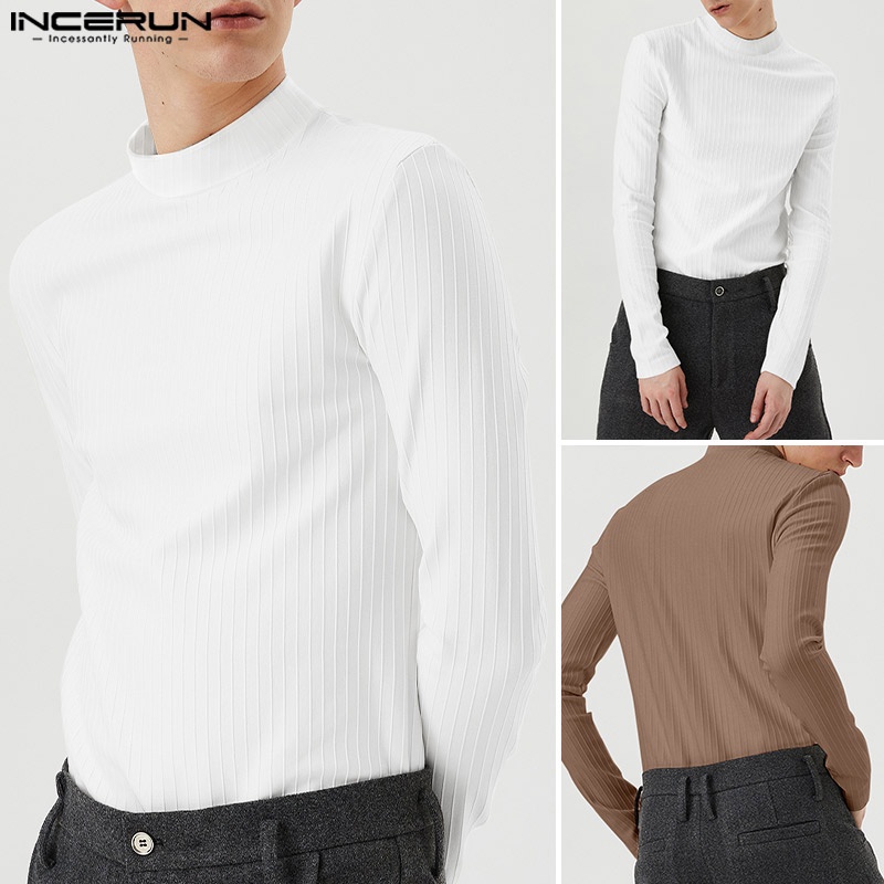Áo thun INCERUN tay dài cổ lọ màu sắc đơn giản thời trang cho nam giới