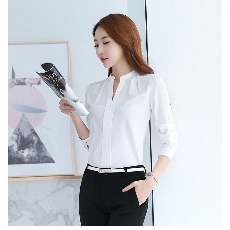 Áo sơ mi công sở cổ cao, tay lửng thanh lịch, chất vải lụa sang trọng giá rẻ
