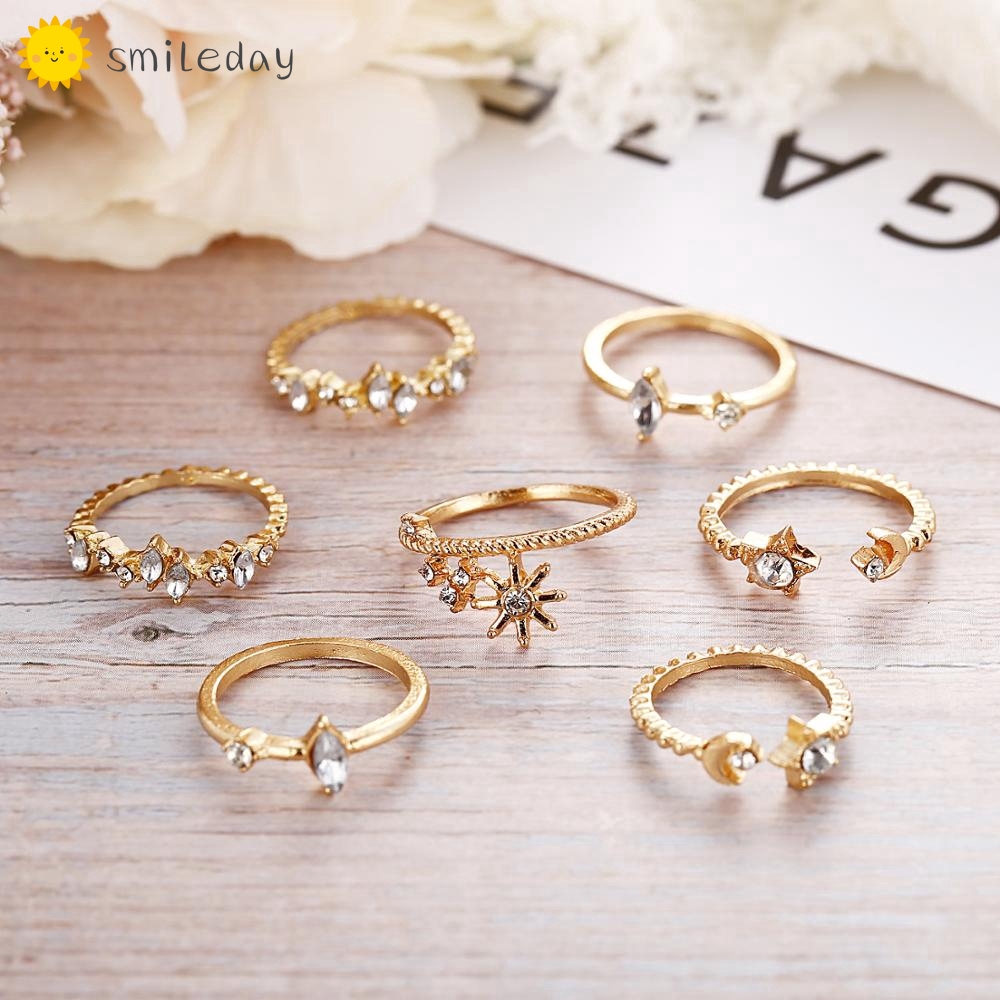 Bộ nhẫn mạ vàng đính đá pha lê phong cách Bohemian thời trang cổ điển