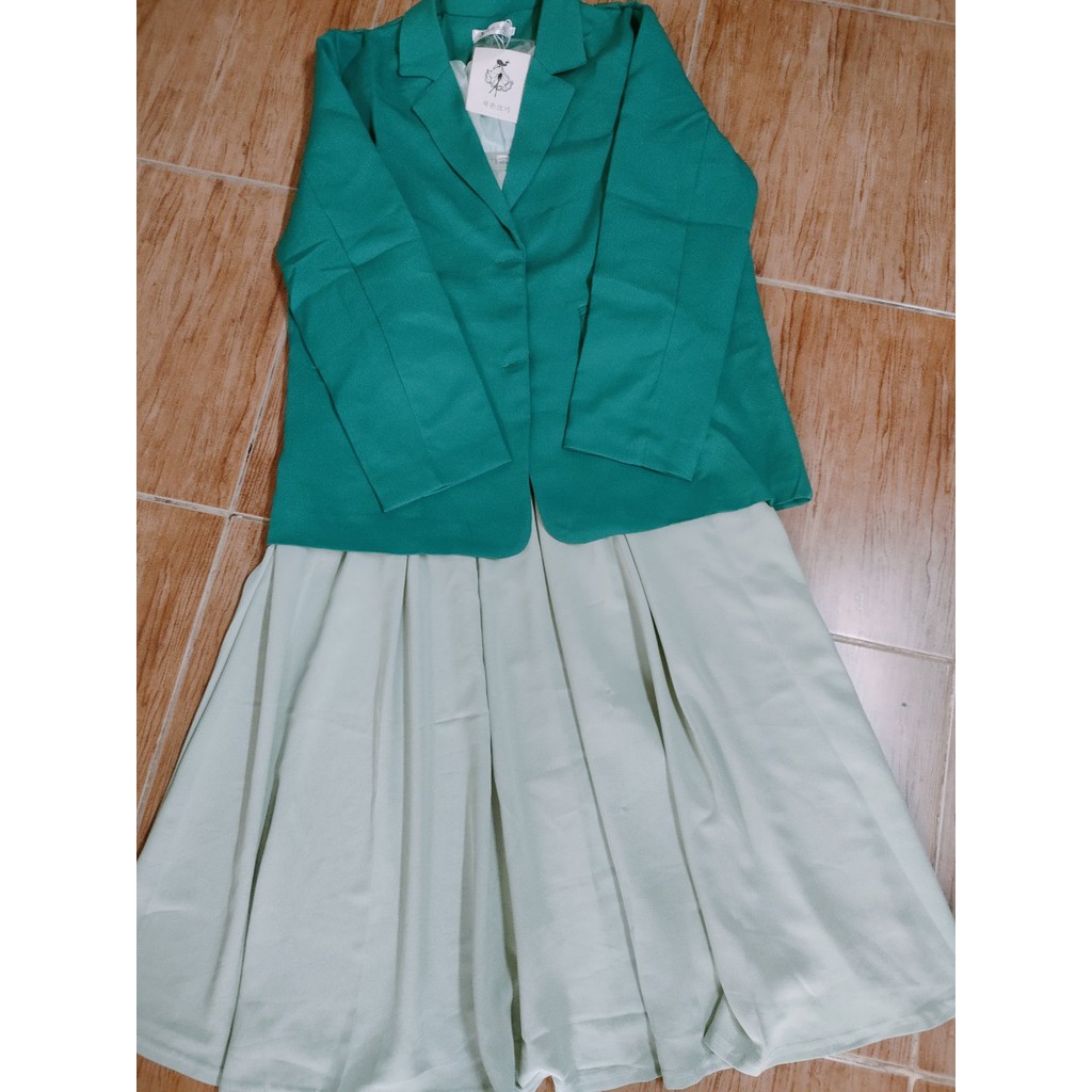 ( Hàng Đẹp) Ảnh thật 5 hình cuối-Set áo blazer kèm váy 2 dây xanh siêu xinh | BigBuy360 - bigbuy360.vn