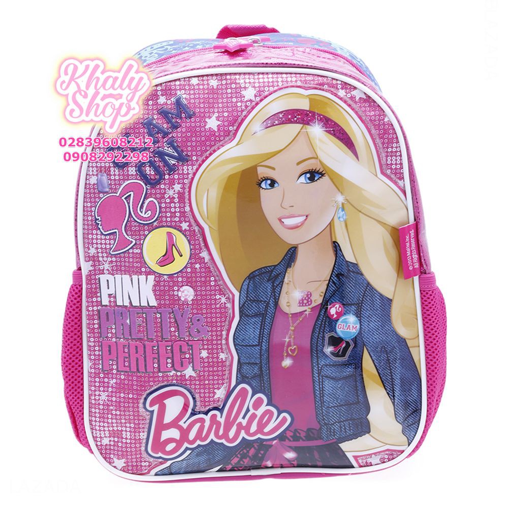 Balo trẻ em 12'' hình Barbie màu hồng viền xanh lấp lánh dành cho học sinh , bé gái - BLBAGU12HX (28x12x32cm)