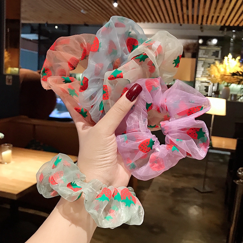 Cute Girly Strawberry Organza Large Intestine Hair Ring/ Korean Sweet Small Flower Net Yarn Elastic Hair Bands