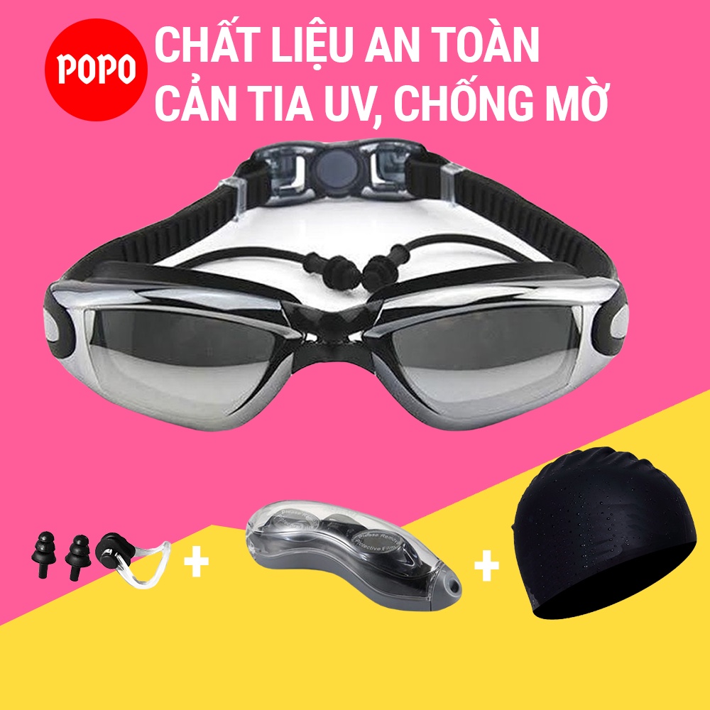Kính bơi người lớn, kính bơi tráng gương kèm mũ bơi, bịt tai kẹp mũi POPO 1940 cho người lớn, trẻ em cho bé từ 8 tuổi