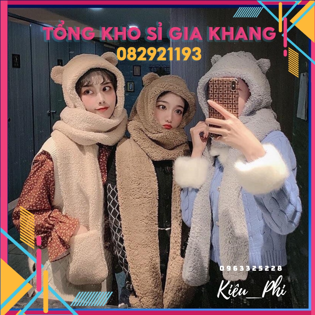 Mũ Lông Cừu, mũ len Tai Gấu trùm đầu Kèm Khăn Choàng Găng Tay Thời Trang Thu Đông Cho Nữ - Kiều Phi