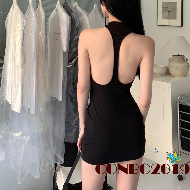 Đầm Ngắn Không Tay Cổ Tròn Hở Lưng Màu Sắc Đơn Giản Cho Nữ
