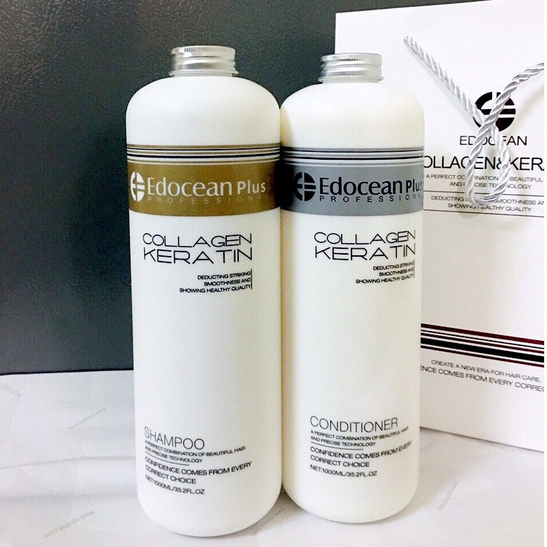 Cặp dầu gội xả Edocean Plus Collagen 1000ml. Phục hồi tóc khô xơ hư tổn nặng, giảm rụng và nhanh mọc tóc