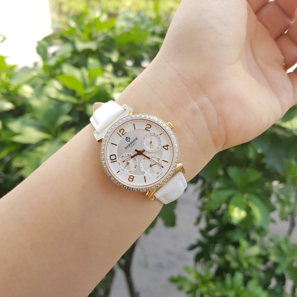 Đồng hồ nữ SUNRISE 9806BA Vành hạt  Dây da full hộp chính hãng, kính Sapphire chống xước chống nước tốt