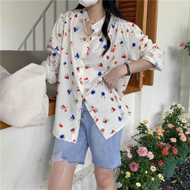 SUXI Áo Kiểu Tay Dài Hoạ Tiết Hoa Phong Cách Hàn Quốc Dành Cho Nữ