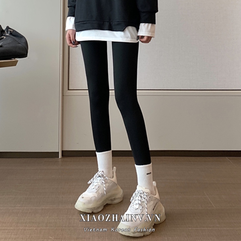 Xiaozhainv Quần legging lưng cao màu đen thời trang cho nữ