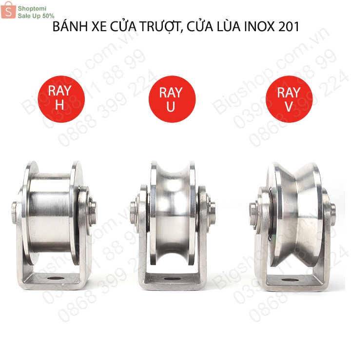 Bộ bánh xe cho cửa cổng trượt, cửa lùa, cửa xếp, làm bằng inox 201, loại 16x48mm, Hình U, V, H tùy chọn