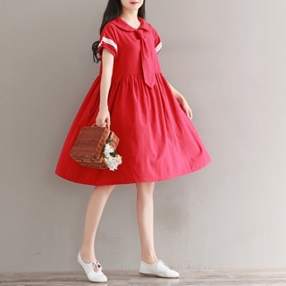 Đầm babydoll đỏ thắt cà vạt