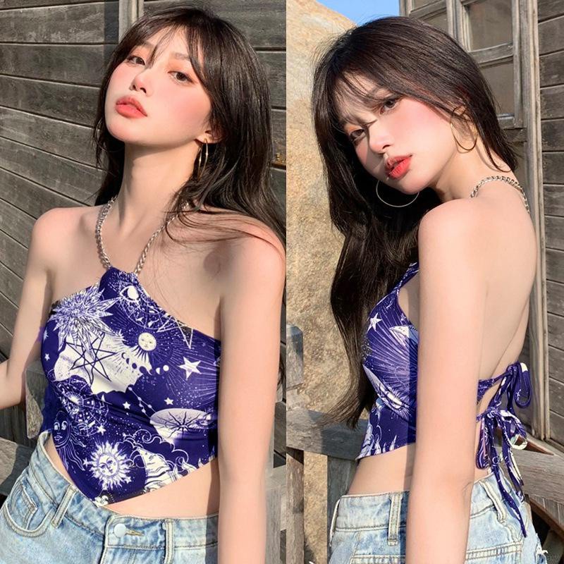 Áo croptop cổ yếm in họa tiết thời trang mùa hè cho nữ