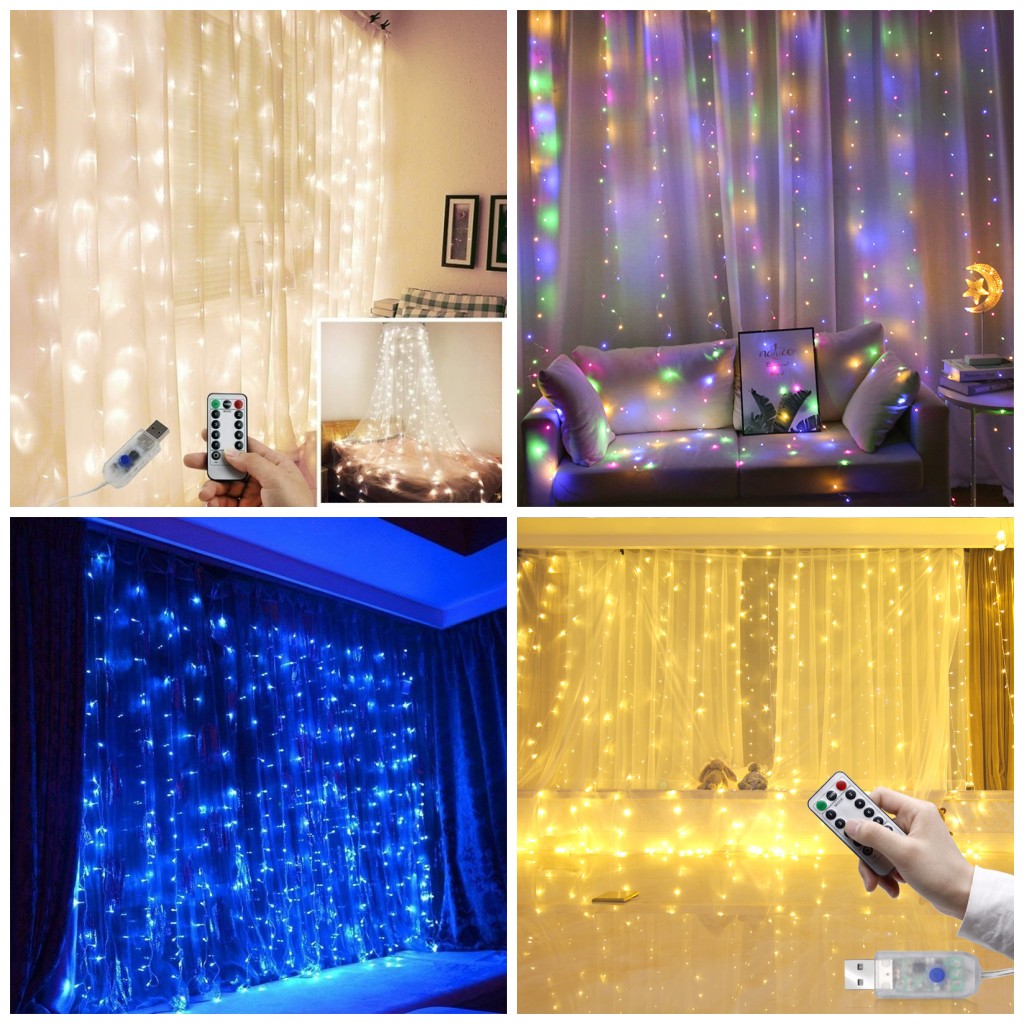 Dây đèn LED trang trí tết đèn nháy rèm 3x3m chế độ điều khiển từ xa