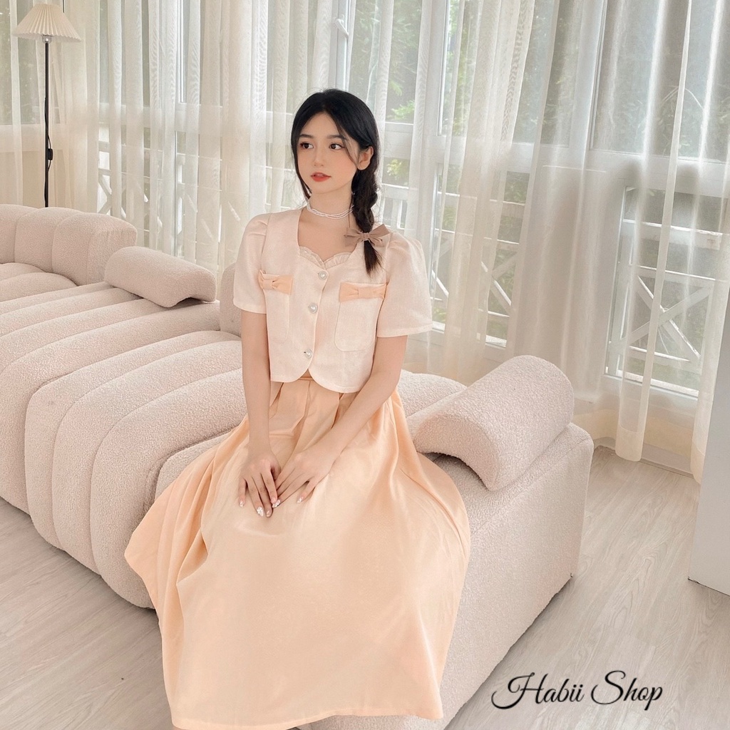 Set đồ nữ sang chảnh áo tiểu thư tay bồng chân váy xếp ly dài công sở  - Set tiểu thư ulzzang HABII SE12