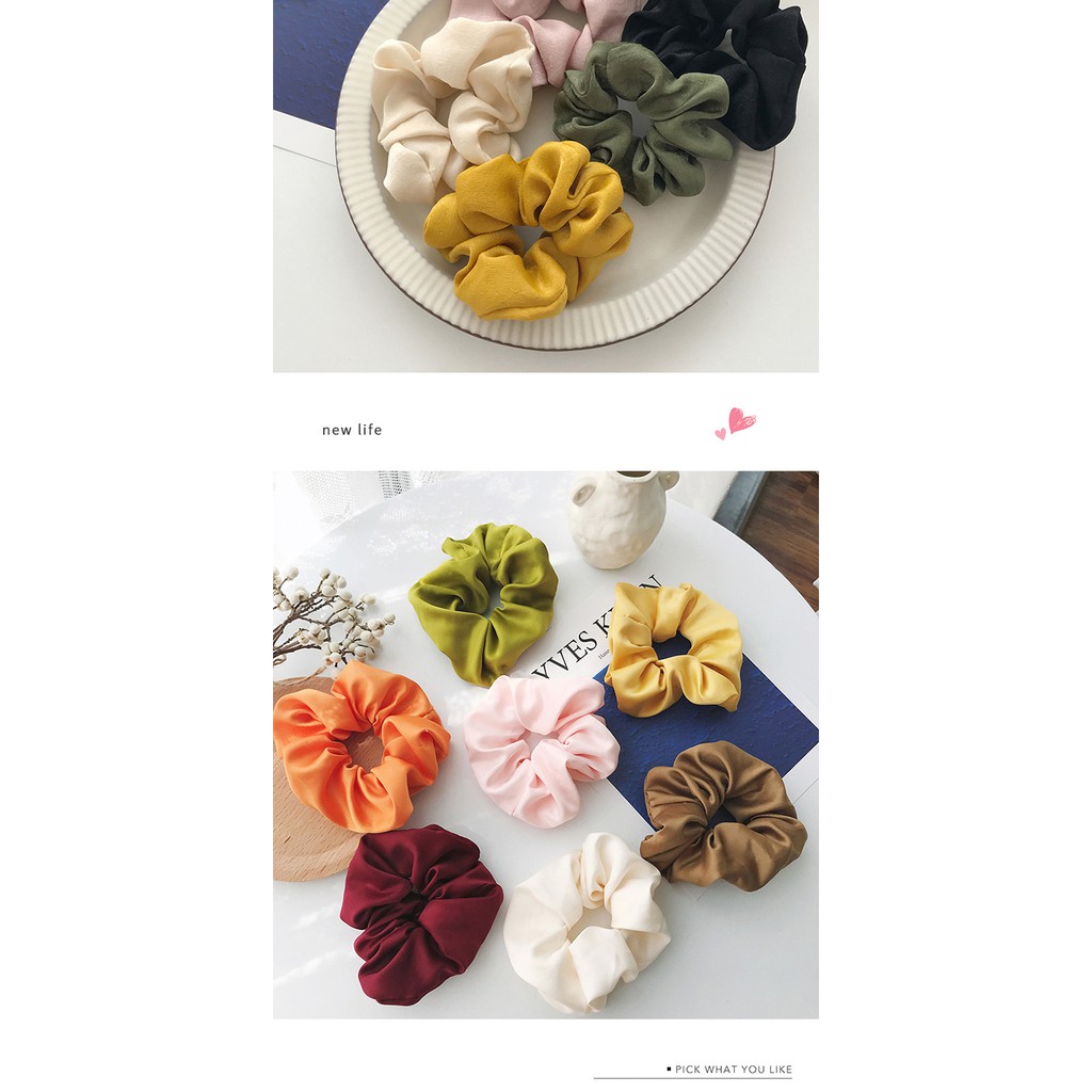 Dây buộc tóc vải Satin màu trơn cỡ lớn kiểu Retro Pháp dễ thương