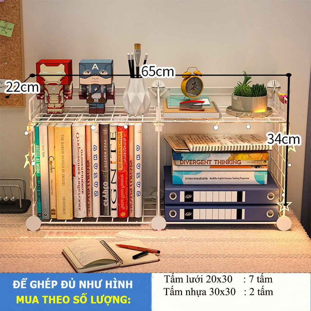 Kệ Sách Mini Để Bàn, Giá Đựng Sách Để Bàn Lắp Ghép Từ Tấm Lưới Thép Sơn Tĩnh Điện Chống Gỉ (Tặng Kèm Chốt)