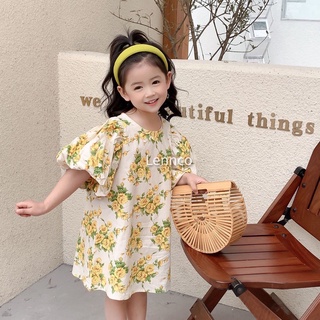 Váy Lennco hoa vàng tay bồng xòe bé gái