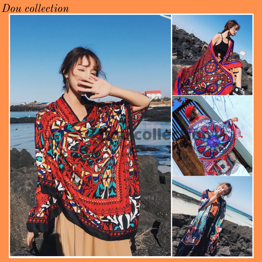 Khăn Choàng Quàng Cổ Boho Họa Tiết Thổ Cẩm Đi Biển Vintage - Chất Liệu Cotton - Size:90x180cm - Mã KC003