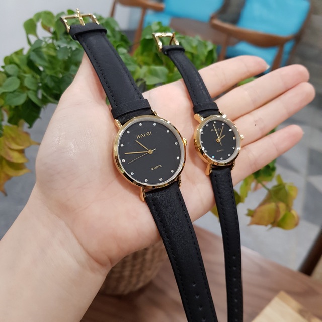 Đồng hồ đôi nam nữ Halei dây da đen mặt ngọc chính hãng Tony Watch 68 | BigBuy360 - bigbuy360.vn