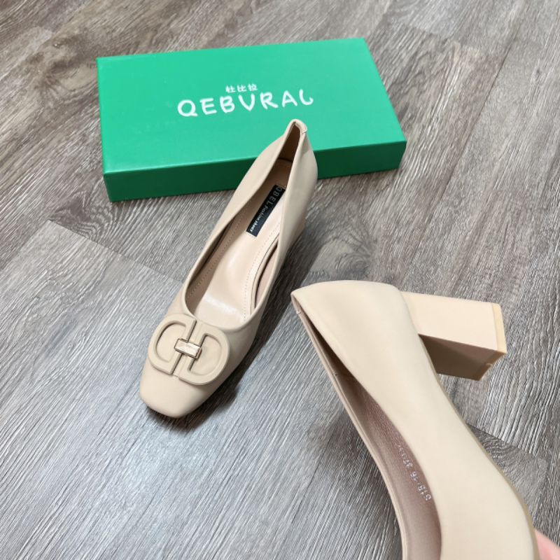 x Giày Cao Gót 7p QBEY Khoá DD Gót Vuông Da Thật Siêu Mềm Fullbox Cao Cấp
