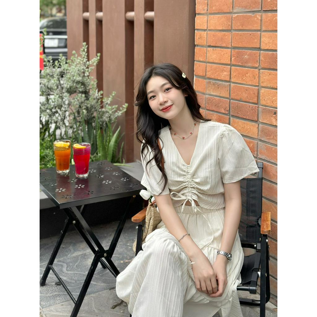 Set áo rút dây bụng kèm chân váy tầng chất đũi gân dáng xòe dài - 29feb.closet - S90