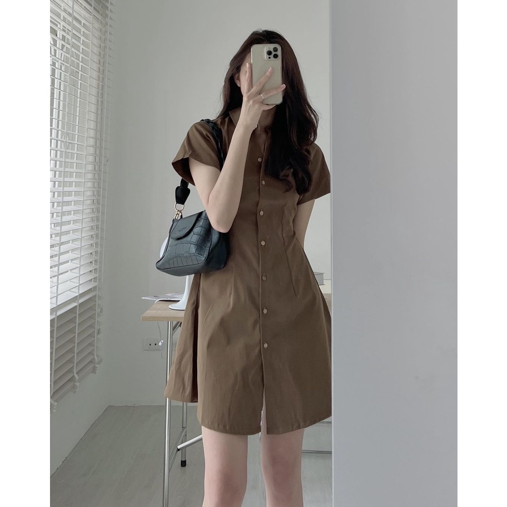 Váy Sơ Mi Cổ Đức Kaki 2 Da Cúc Dọc Túi 2 Bên