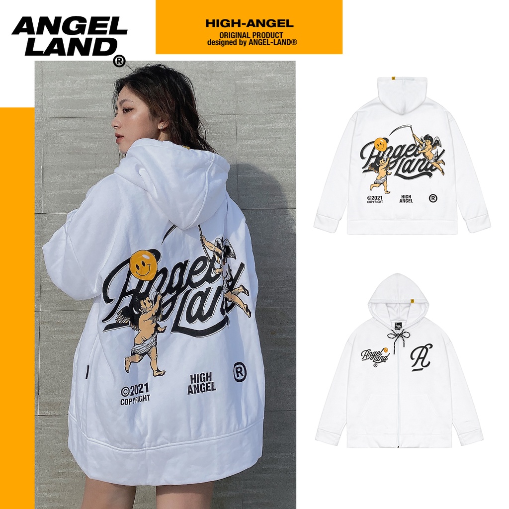 Áo Khoác Hoodie Khoá Kéo Angel-Land HIGH ANGEL Màu TRẮNG Chính hãng Nỉ Bông [HAZW]