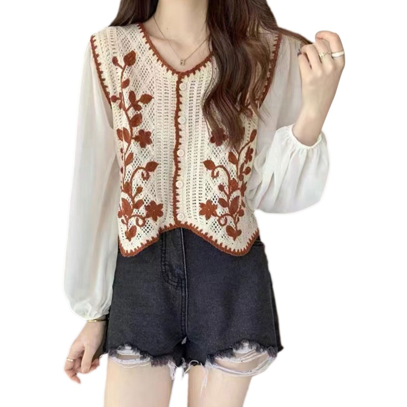 Áo Sơ Mi Chiffon Dài Tay Cổ Chữ V Thêu Hoa Phong Cách Pháp