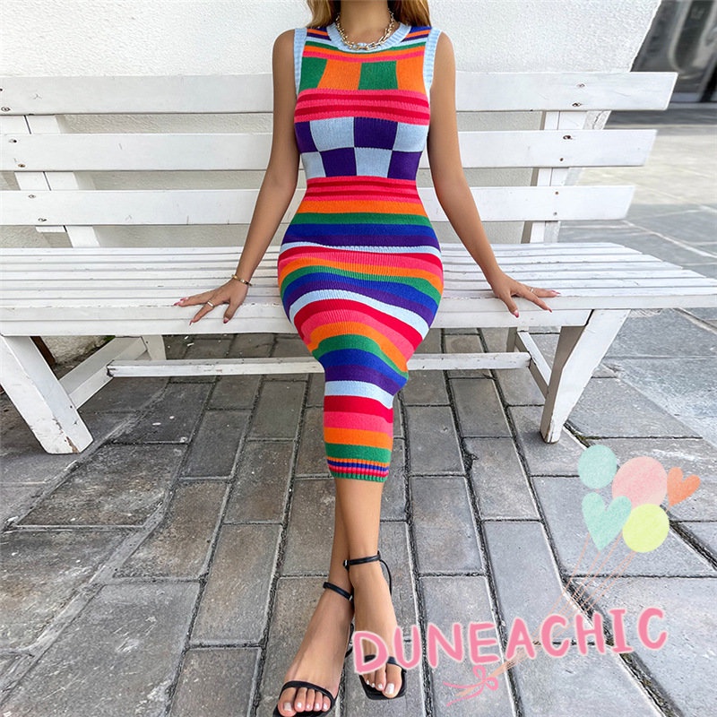 DUNEA Đầm Dệt Kim Sát Nách Dáng Ôm Phối Màu Cá Tính Thời Trang Cho Nữ