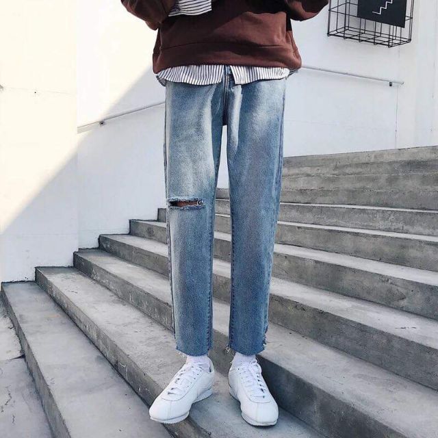 Slim baggy jeans rách một bên đùi kèm ảnh thật