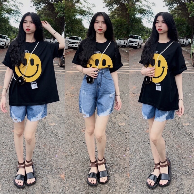 Áo Phông Quảng Châu hình mặt cười thêu siêu hot Hàng L1 chất cotton lạnh