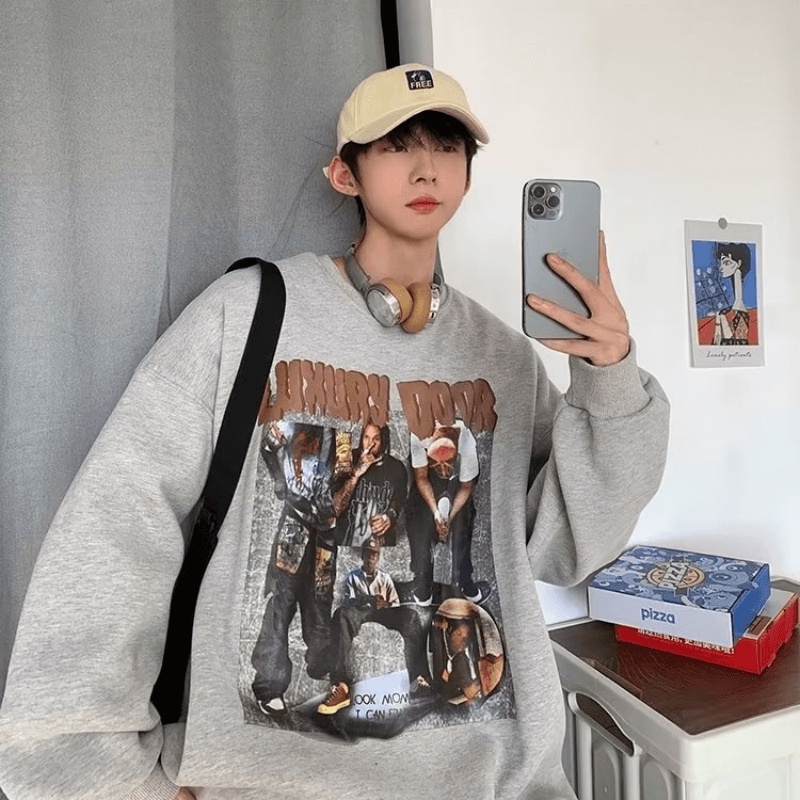 Áo Nỉ Chui Đầu Cỡ Lớn In Họa Tiết Hoạt Hình Phong Cách Hip Hop Đường Phố Nhật Bản Cho Nam [M-5XL]