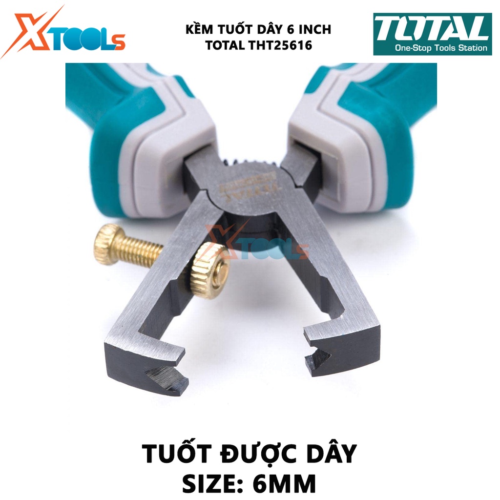 Kềm tuốt dây điện TOTAL THT25616 Tuốt dây 6mm Kích thước: 150mm Thép CR-V, cao su cách điện bóc, tách vỏ dây điện các lo