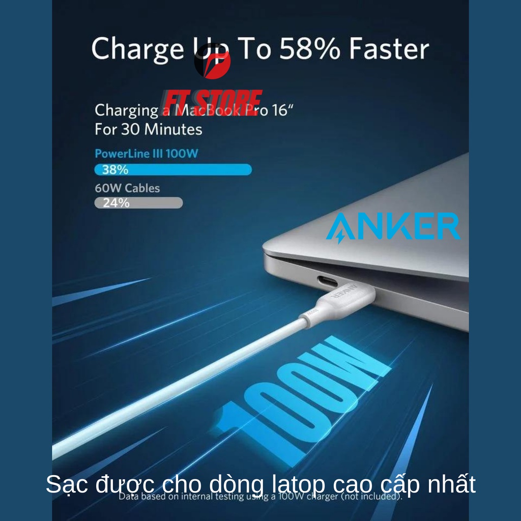 [GIAO HỎA TỐC] Cáp Sạc Nhanh Anker A8856 1.8m công suất 100W dành cho LAPTOP/TABLET/Android BH12T