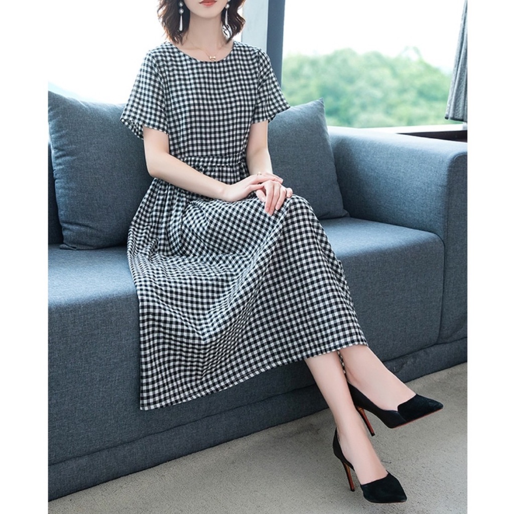 {Ảnh thật} Đầm công sở form rộng chất thô đũi kẻ caro nhẹ mát size đến 75kg, váy kẻ caro dáng xòe Da159