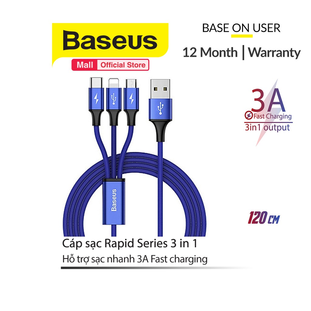 Cáp sạc Baseus Rapid Series tích hợp 3 đầu kết nối Type C, Android và Lightning hỗ trợ sạc nhanh 3A
