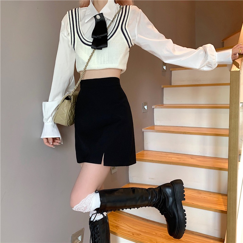 Porozi  Chân váy chữ A  ngắn lưng cao ôm dáng phong cách Hàn Quốc dễ thương cho nữ