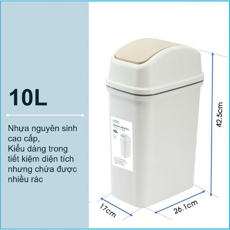 Thùng rác nắp lật chữ nhật Hiro cao cấp 10L, thùng đựng rác gia đình văn phòng nắp lật tiện lợi