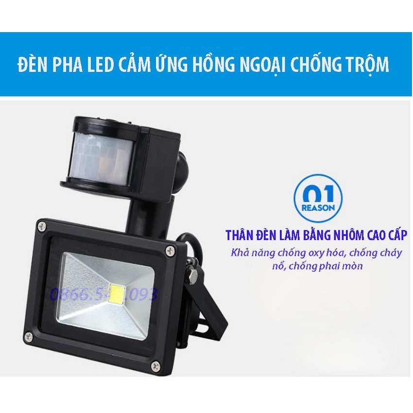 Đèn pha LED ngoài trời cảm ứng chống trộm chuyển động hồng ngoại 10W BH 6 tháng