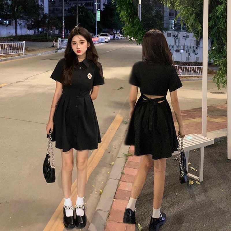 Váy đầm nữ cộc tay cổ bẻ  logo thắt nơ lưng màu đen freesize dáng  chữ A  ngắn xòe học sinh ulzzang hàn quốc