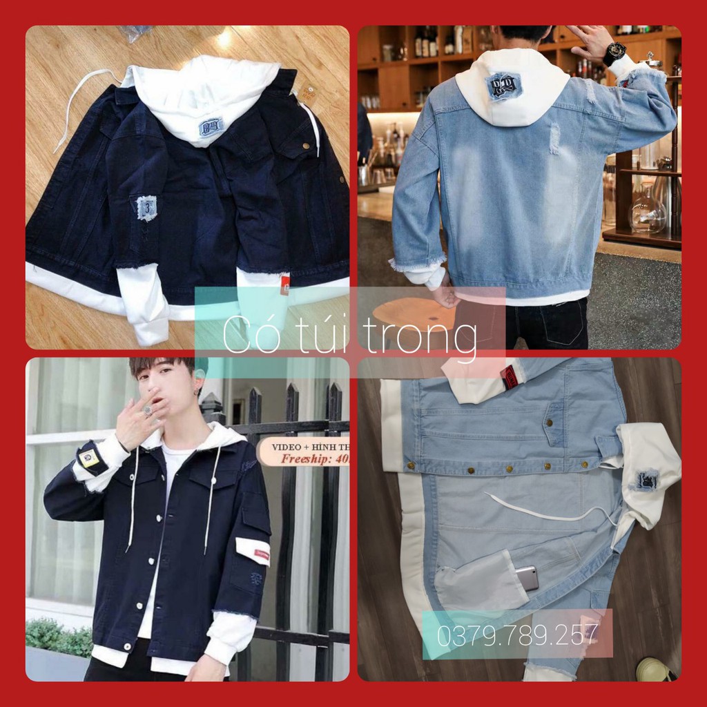 [Túi thật] Áo khoác jeans nam nữ có mũ chống nắng thời trang cao cấp đính thêm túi trong thật