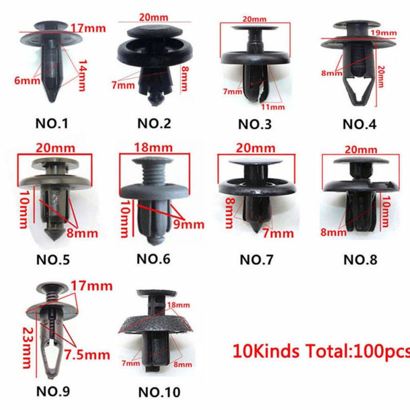 Set 100 đinh tán nhựa  màu đen và xám cho xe hơi  ô tô - Chốt vít nở và dụng cụ tháo gỡ