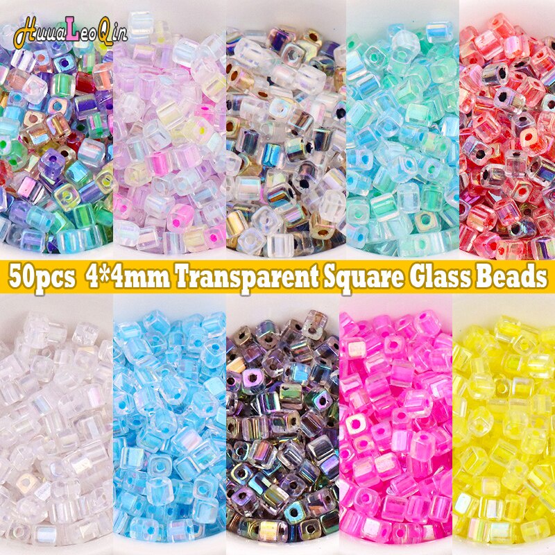 50 Hạt Xỏ Lỗ Hình Vuông Trong Suốt 4mm Dùng Làm Đồ Trang Sức Thủ Công