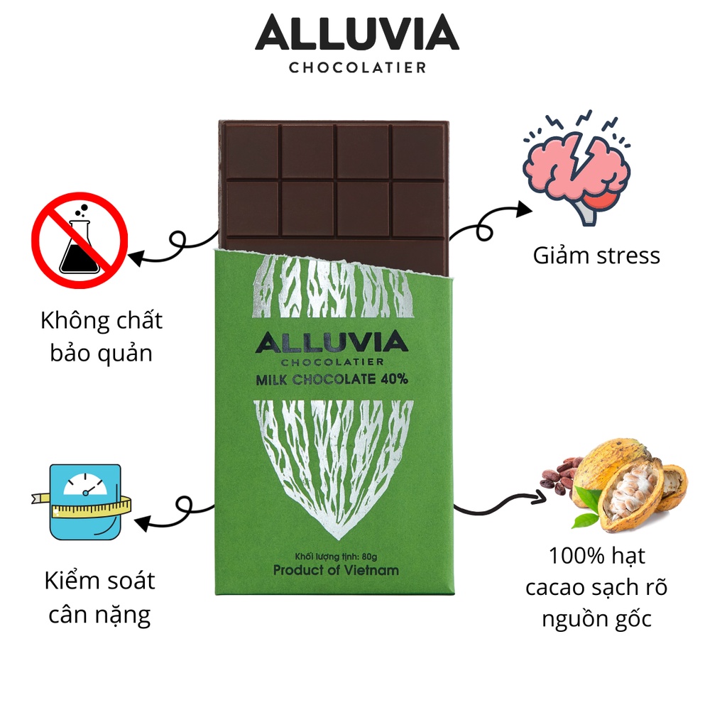 Socola nguyên chất sữa 40% cacao ngọt ngào Alluvia Chocolate thanh nhỏ 30g Milk chocolate 40% cocoa