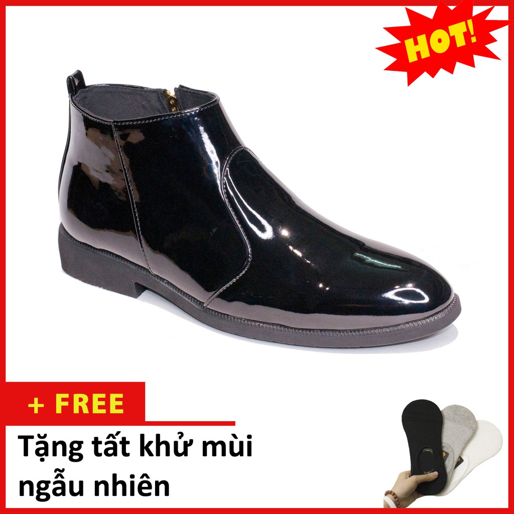 [Shop Uy Tín] Giày Chelsea Boot Nam Cổ Khóa Da Bóng Màu Đen Đế Có Khâu Chắc Chắn - CB521-bongkhoa(T)-BONGDEN